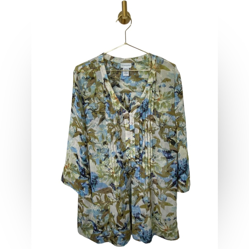 Soft Surroundings Sheer Top womens floral long sleeve tunic top size large